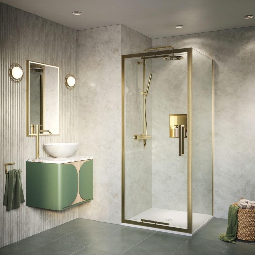 Lifestyle image of the Showerwall Laminate Tundra Marble 2440mm x 879mm Proclick Hydrocore Wall Panel - SW104 within a bathroom that features a walk-in shower, vanity unit with countertop basin and rectangular mirror